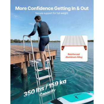 Flip-Up Dock Ladder, 6-Step, Heavy-Duty Aluminum Alloy Pontoon Boat Swim Ladder, with Non-Slip Wide Steps, 350 lbs Weight Capacity, Pull Rope Assist, Comfort Use for Lake Pool Marine Boarding