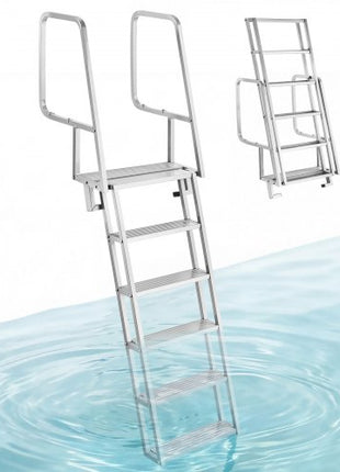 Flip-Up Dock Ladder, 6-Step, Heavy-Duty Aluminum Alloy Pontoon Boat Swim Ladder, with Non-Slip Wide Steps, 350 lbs Weight Capacity, Pull Rope Assist, Comfort Use for Lake Pool Marine Boarding