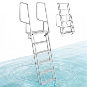 Flip-Up Dock Ladder, 6-Step, Heavy-Duty Aluminum Alloy Pontoon Boat Swim Ladder, with Non-Slip Wide Steps, 350 lbs Weight Capacity, Pull Rope Assist, Comfort Use for Lake Pool Marine Boarding