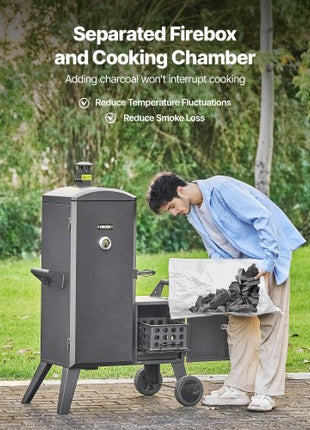 Charcoal Offset Smoker, Heavy-Duty Steel BBQ Offset Smoker with Side Firebox, Movable Outdoor Barbecue Smokers with 6 Adjustable Grates, Thermometer & Air Vents for Backyard Patio Party Cooking