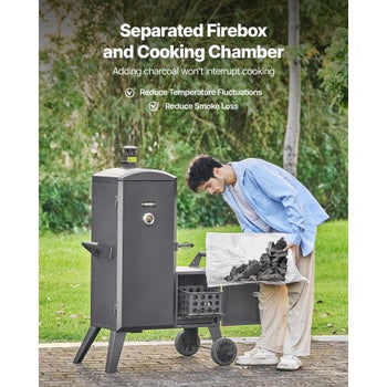 Charcoal Offset Smoker, Heavy-Duty Steel BBQ Offset Smoker with Side Firebox, Movable Outdoor Barbecue Smokers with 6 Adjustable Grates, Thermometer & Air Vents for Backyard Patio Party Cooking