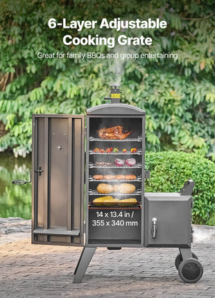 Charcoal Offset Smoker, Heavy-Duty Steel BBQ Offset Smoker with Side Firebox, Movable Outdoor Barbecue Smokers with 6 Adjustable Grates, Thermometer & Air Vents for Backyard Patio Party Cooking