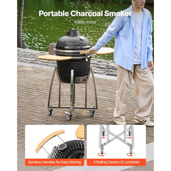 Charcoal Smoker and Grill, 18" Kamado Charcoal BBQ Smoker, Movable Ceramic Barbecue Grill with 4 Wheels (2 Lockable), Built-in Thermometer, Air Vents & Side Shelf for Outdoor Patio Yard Cooking