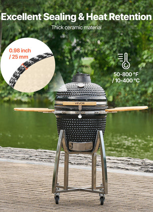 Charcoal Smoker and Grill, 18" Kamado Charcoal BBQ Smoker, Movable Ceramic Barbecue Grill with 4 Wheels (2 Lockable), Built-in Thermometer, Air Vents & Side Shelf for Outdoor Patio Yard Cooking