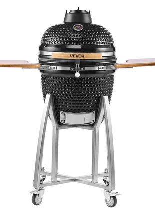 Charcoal Smoker and Grill, 18" Kamado Charcoal BBQ Smoker, Movable Ceramic Barbecue Grill with 4 Wheels (2 Lockable), Built-in Thermometer, Air Vents & Side Shelf for Outdoor Patio Yard Cooking