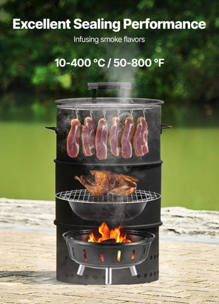 Charcoal Smoker Grill, 18.5" Barrel Charcoal BBQ Smoker, Coated Steel Outdoor Barbecue Grill with 2 Grilling Grates, 1 Hanging Rod, 6 Hooks & Thermometer, Ideal for Party Backyard Patio Cooking