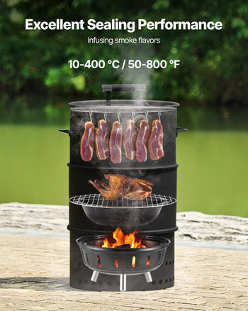 Charcoal Smoker Grill, 18.5" Barrel Charcoal BBQ Smoker, Coated Steel Outdoor Barbecue Grill with 2 Grilling Grates, 1 Hanging Rod, 6 Hooks & Thermometer, Ideal for Party Backyard Patio Cooking