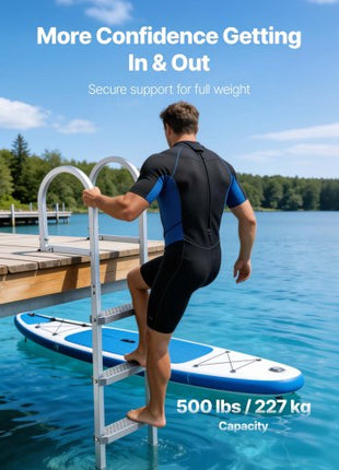 Removable Dock Ladder, 4 Steps, Aluminum Alloy Pontoon Boat Swim Ladder, with Non-Slip Wide PP Steps, 500 lbs Weight Capacity, Quick Release Design, for Lake Swimming, Pool, Marine Boarding