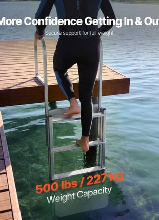 Retractable Dock Ladder, 4 Steps, Aluminum Alloy Pontoon Boat Swim Ladder with Auto-Lift Float, Non-Slip Wide Steps, 500 lbs Weight Capacity, Adjustable Height, for Lake Pool Marine Boarding