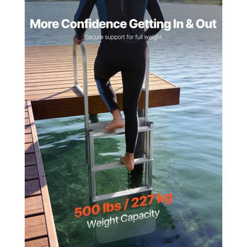 Retractable Dock Ladder, 4 Steps, Aluminum Alloy Pontoon Boat Swim Ladder with Auto-Lift Float, Non-Slip Wide Steps, 500 lbs Weight Capacity, Adjustable Height, for Lake Pool Marine Boarding