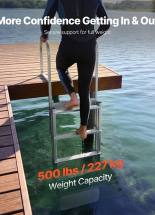 Retractable Dock Ladder, 5 Steps, Aluminum Alloy Pontoon Boat Swim Ladder with Auto-Lift Float, Non-Slip Wide Steps, 500 lbs Weight Capacity, Adjustable Height, for Lake Pool Marine Boarding