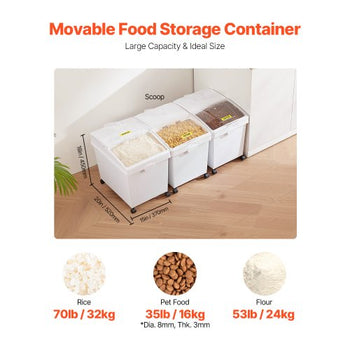 Rice Storage Container, 10.5Gallon/40L x3 Capacity Large Dog Food Dispenser Bin, Kitchen Ingredient Grain Cereal Flour Bin, Pet food Containers with Wheels, 3 Scoops, and Airtight Lid, 3 Pack