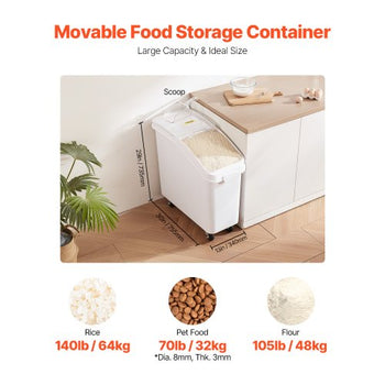 Rice Storage Container, 21Gallon/80L Capacity Large Dog Food Dispenser Bin, Kitchen Ingredient Grain Cereal Flour Bin, Pet food Containers with Wheels, Scoop, and Airtight Lid, 1 Pack