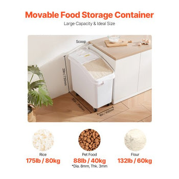 Rice Storage Container, 27Gallon/100L Capacity Large Dog Food Dispenser Bin, Kitchen Ingredient Grain Cereal Flour Bin, Pet food Containers with Wheels, Scoop, and Airtight Lid, 1 Pack