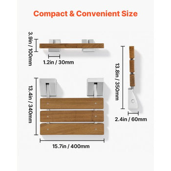 Foldable Shower Seat Wall Mounted, 15.7" Teak Folding Shower Bench, 330LBS Fold-Down Bathroom Corridor Seat with Stainless Steel Frame for Adults Seniors, Waterproof & Easy-to-Clean