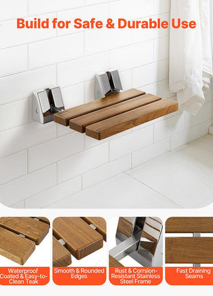 Foldable Shower Seat Wall Mounted, 15.7" Teak Folding Shower Bench, 330LBS Fold-Down Bathroom Corridor Seat with Stainless Steel Frame for Adults Seniors, Waterproof & Easy-to-Clean