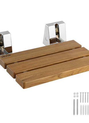 Foldable Shower Seat Wall Mounted, 15.7" Teak Folding Shower Bench, 330LBS Fold-Down Bathroom Corridor Seat with Stainless Steel Frame for Adults Seniors, Waterproof & Easy-to-Clean