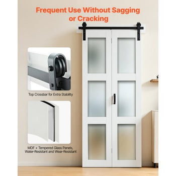 Bifold Barn Door, 36" x 84", MDF with Tempered Glass Bi-Fold Sliding Closet Doors, Hardware Kit Included, Space-Saving Design, Pre-Assembled Panels for Bedroom, Living Room, Wardrobe, White