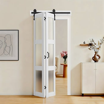 Bifold Barn Door, 36" x 84", MDF with Tempered Glass Bi-Fold Sliding Closet Doors, Hardware Kit Included, Space-Saving Design, Pre-Assembled Panels for Bedroom, Living Room, Wardrobe, White