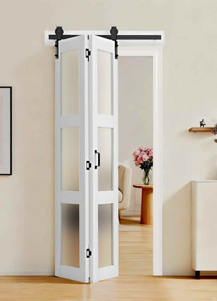 Bifold Barn Door, 36" x 84", MDF with Tempered Glass Bi-Fold Sliding Closet Doors, Hardware Kit Included, Space-Saving Design, Pre-Assembled Panels for Bedroom, Living Room, Wardrobe, White