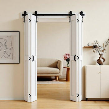 Bifold Barn Door, 48" x 84", MDF Bi-Fold Sliding Closet Doors, Hardware Kit Included, H-Frame Space-Saving Design, Pre-Assembled Panels for Bedroom, Living Room, Wardrobe and Room Divider, White
