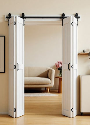 Bifold Barn Door, 72" x 84", MDF Bi-Fold Sliding Closet Doors, Hardware Kit Included, H-Frame Space-Saving Design, Pre-Assembled Panels for Bedroom, Living Room, Wardrobe and Room Divider, White