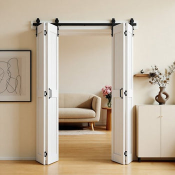 Bifold Barn Door, 72" x 84", MDF Bi-Fold Sliding Closet Doors, Hardware Kit Included, H-Frame Space-Saving Design, Pre-Assembled Panels for Bedroom, Living Room, Wardrobe and Room Divider, White