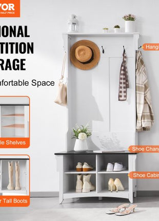 Hall Tree Entryway Bench, Coat Rack with Shoe Storage, 32" Wide Mudroom bench with Storage and Seating, Adjustable Shelves and 5 Hanging Hooks with 4 Storage Drawers,for Mudroom,Entryway,Hallway
