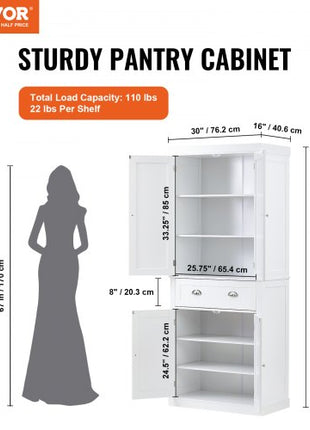 72" Kitchen Pantry Storage Cabinet, Freestanding Utility Cabinets with Doors, Drawer and 3 Adjustable Shelves, Tall Food Buffet Pantries for Kitchen, Living Room, Dinning Room, Laundry, White
