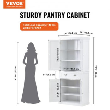 72" Kitchen Pantry Storage Cabinet, Freestanding Utility Cabinets with Doors, Drawer and 3 Adjustable Shelves, Tall Food Buffet Pantries for Kitchen, Living Room, Dinning Room, Laundry, White