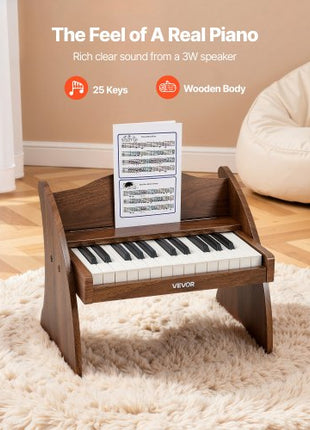 Kids Piano Keyboard, 25 Keys Wooden Digital Piano for Kids, Mini Music Educational Instrument Toy with Realistic Sound, Dual Power, Adjustable Volume for Toddlers, Boys Girls Learning, Walnut