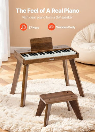 Kids Piano Keyboard, 37 Key Wooden Digital Piano for Kids, Mini Music Educational Instrument Toy Set with Realistic Sound, Dual Power, Adjustable Volume for Toddlers, Boys Girls Learning,Walnut