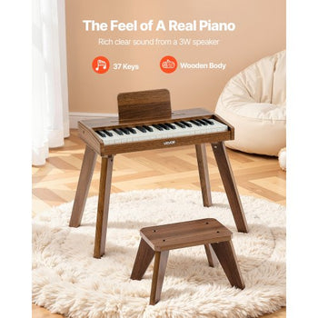 Kids Piano Keyboard, 37 Key Wooden Digital Piano for Kids, Mini Music Educational Instrument Toy Set with Realistic Sound, Dual Power, Adjustable Volume for Toddlers, Boys Girls Learning,Walnut