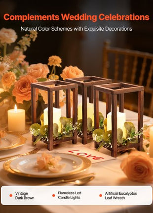 12 Set/36 Pcs Wooden Wedding Lantern Centerpiece, Includes 12 Wooden Lantern Candle Holder 12 Flameless LED Candle 12 Eucalyptus Leaves Wreath for Wedding Table Party Farmhouse Decor, Brown
