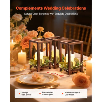 12 Set/36 Pcs Wooden Wedding Lantern Centerpiece, Includes 12 Wooden Lantern Candle Holder 12 Flameless LED Candle 12 Eucalyptus Leaves Wreath for Wedding Table Party Farmhouse Decor, Brown