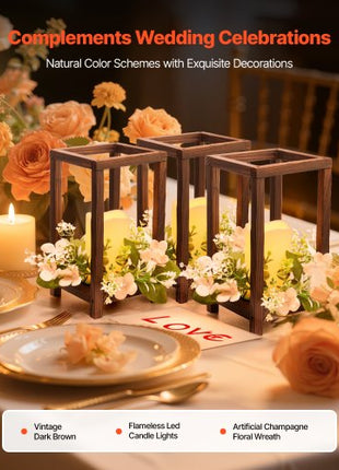 10 Set/30 Pcs Wooden Wedding Lantern Centerpiece, Includes 10 Wooden Lantern Candle Holder 10 Flameless LED Candle 10 Champagne Flower Wreath for Wedding Table Party Farmhouse Decor, Brown