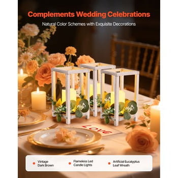 12 Set/36 Pcs Wooden Wedding Lantern Centerpiece, Includes 12 Wooden Lantern Candle Holder 12 Flameless LED Candle 12 Eucalyptus Leaves Wreath for Wedding Table Party Farmhouse Decor, White