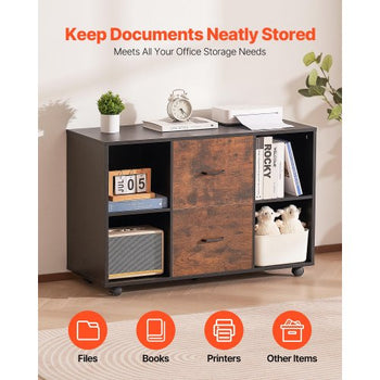 2 Drawer Wooden File Cabinet, Mobile Filing Cabinet with Open Shelves, Lateral Rolling File Storage with Lockable Wheels, Modern Free Standing Printer Stand for Home, Office, School, Black