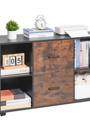 2 Drawer Wooden File Cabinet, Mobile Filing Cabinet with Open Shelves, Lateral Rolling File Storage with Lockable Wheels, Modern Free Standing Printer Stand for Home, Office, School, Black