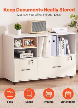 2 Drawer Wooden File Cabinet, Mobile Filing Cabinet with Open Shelves, Lockable Lateral Rolling File Storage with Adjustable Shelves, Free Standing Printer Stand for Home Office School, White