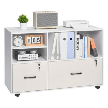 2 Drawer Wooden File Cabinet, Mobile Filing Cabinet with Open Shelves, Lockable Lateral Rolling File Storage with Adjustable Shelves, Free Standing Printer Stand for Home Office School, White