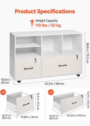 2 Drawer Wooden File Cabinet, Mobile Filing Cabinet with Open Shelves, Lockable Lateral Rolling File Storage with Adjustable Shelves, Free Standing Printer Stand for Home Office School, White