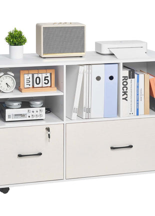 2 Drawer Wooden File Cabinet, Mobile Filing Cabinet with Open Shelves, Lockable Lateral Rolling File Storage with Adjustable Shelves, Free Standing Printer Stand for Home Office School, White