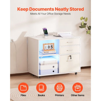 3 Drawer Wooden File Cabinet, Mobile Filing Cabinet with Light Strip, Lockable Rolling File Storage with Adjustable Shelves & 5 Wheels, Free Standing Printer Stand for Home Office School, White