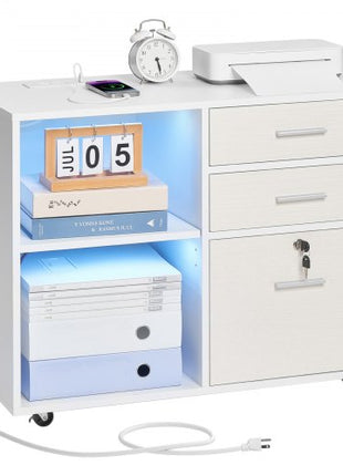 3 Drawer Wooden File Cabinet, Mobile Filing Cabinet with Light Strip, Lockable Rolling File Storage with Adjustable Shelves & 5 Wheels, Free Standing Printer Stand for Home Office School, White