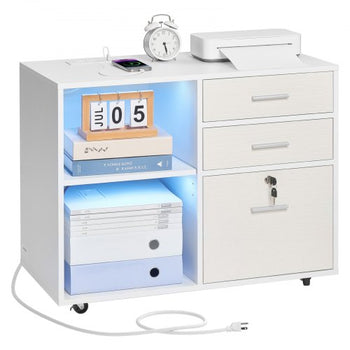 3 Drawer Wooden File Cabinet, Mobile Filing Cabinet with Light Strip, Lockable Rolling File Storage with Adjustable Shelves & 5 Wheels, Free Standing Printer Stand for Home Office School, White