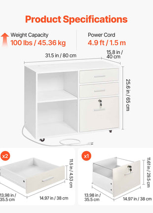 3 Drawer Wooden File Cabinet, Mobile Filing Cabinet with Light Strip, Lockable Rolling File Storage with Adjustable Shelves & 5 Wheels, Free Standing Printer Stand for Home Office School, White