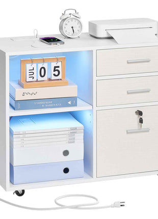 3 Drawer Wooden File Cabinet, Mobile Filing Cabinet with Light Strip, Lockable Rolling File Storage with Adjustable Shelves & 5 Wheels, Free Standing Printer Stand for Home Office School, White