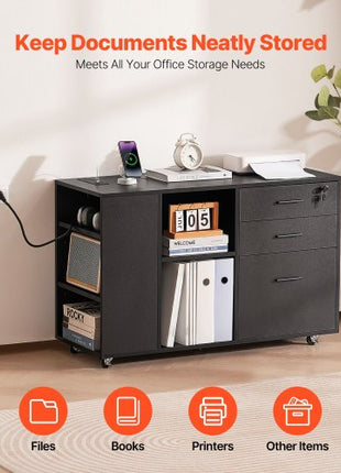 3 Drawer Wooden File Cabinet, Mobile Filing Cabinet with Power Strip, Lockable Rolling File Storage with Adjustable Shelves & 5 Wheels, Floor Standing Printer Stand for Home Office School, Black