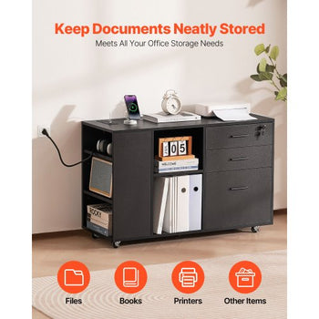 3 Drawer Wooden File Cabinet, Mobile Filing Cabinet with Power Strip, Lockable Rolling File Storage with Adjustable Shelves & 5 Wheels, Floor Standing Printer Stand for Home Office School, Black